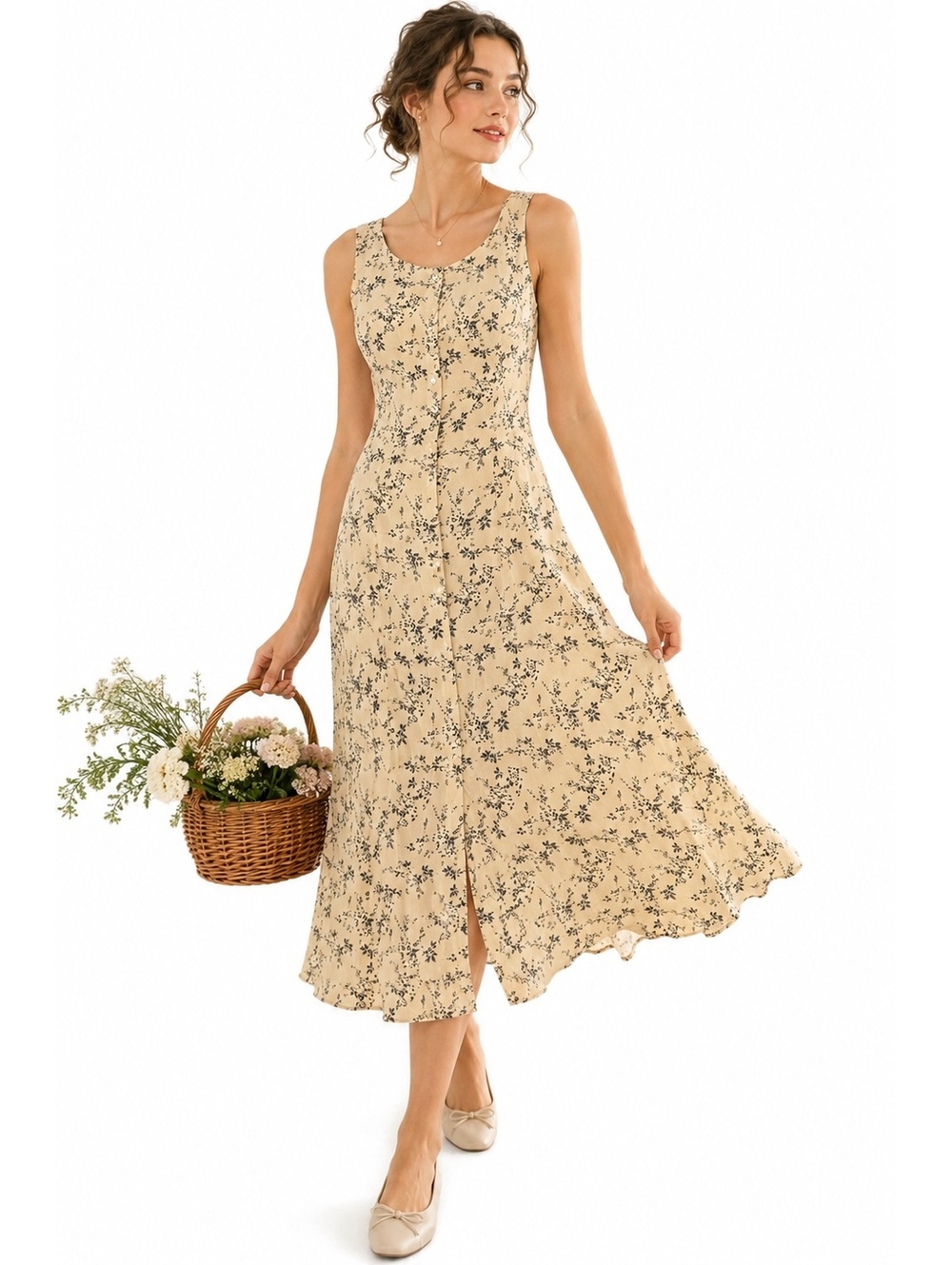 Vintage 90s 100% Silk Cottagecore Floral Bias Cut Midi Dress Valerie Stevens 10P